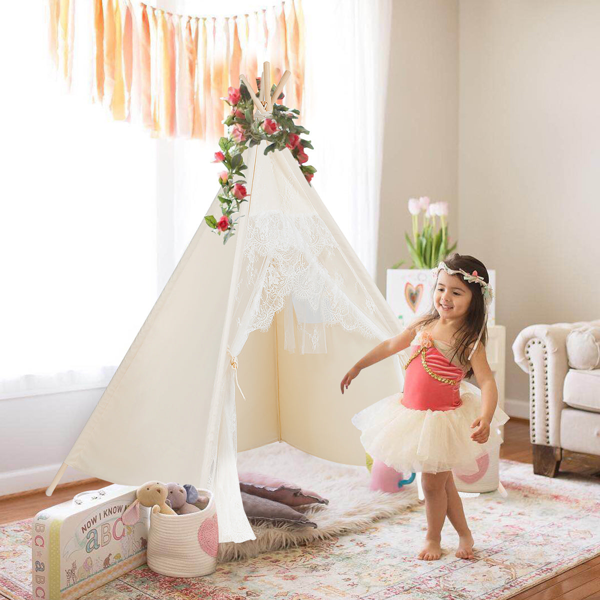 Kids Lace Teepee Tent Folding Children Playhouse with Bag Kids Crystal