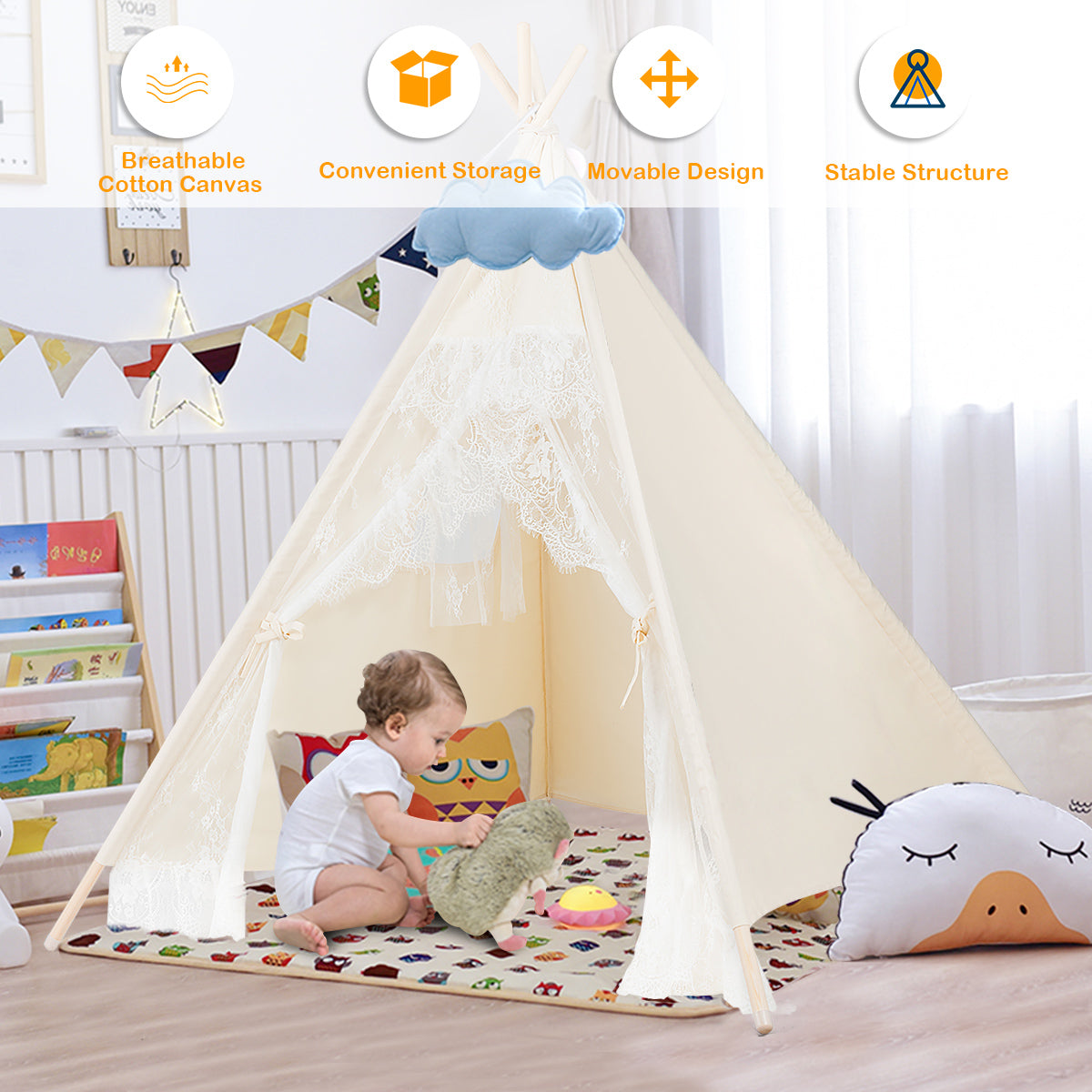 Kids Lace Teepee Tent Folding Children Playhouse with Bag Kids Crystal