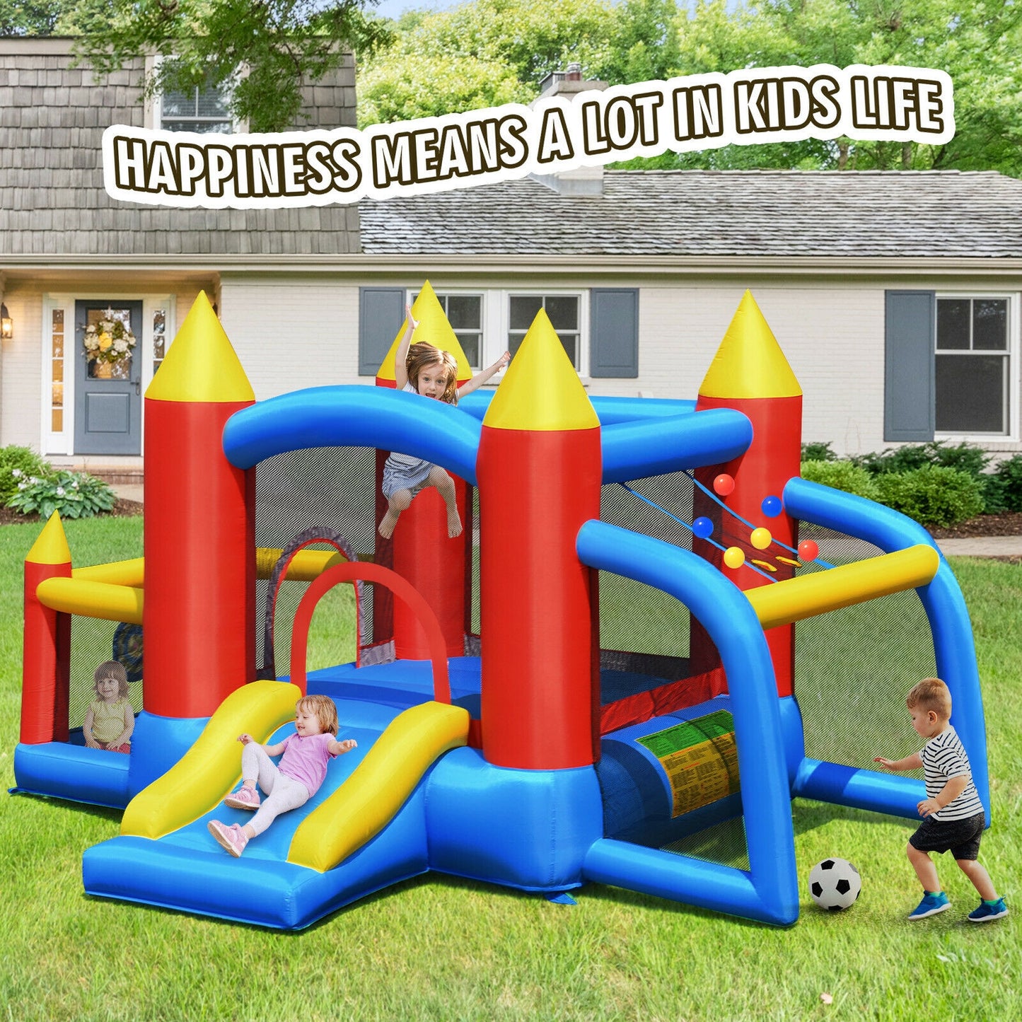 Kid Inflatable Slide Jumping Castle Bounce House with 740w Blower Kids Crystal