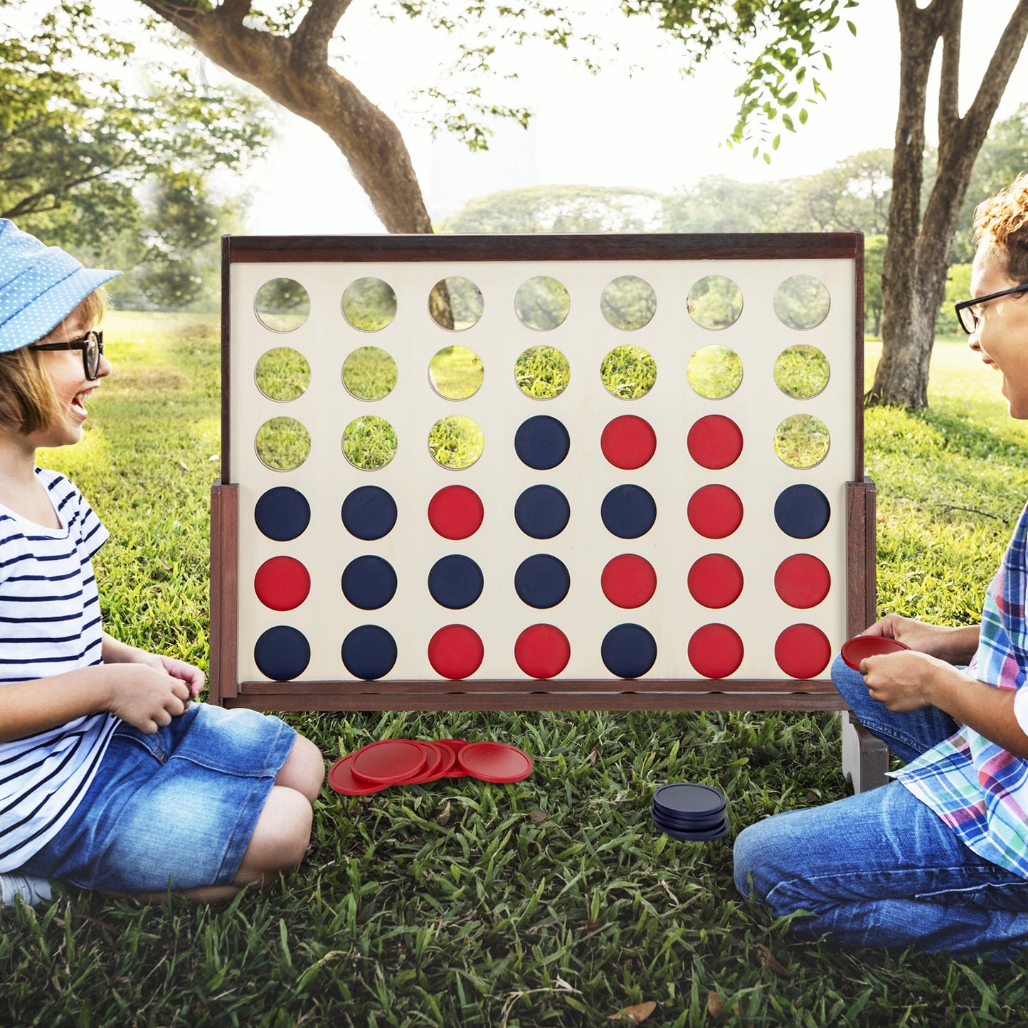 Wooden4-in-a-row Game Set with 42 PCS Chips and 600D Oxford Fabric Carrying Bag-Brown Kids Crystal