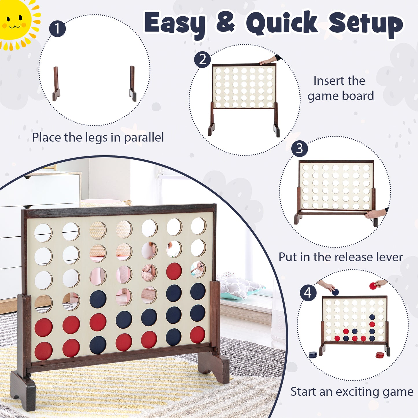 Wooden4-in-a-row Game Set with 42 PCS Chips and 600D Oxford Fabric Carrying Bag-Brown Kids Crystal