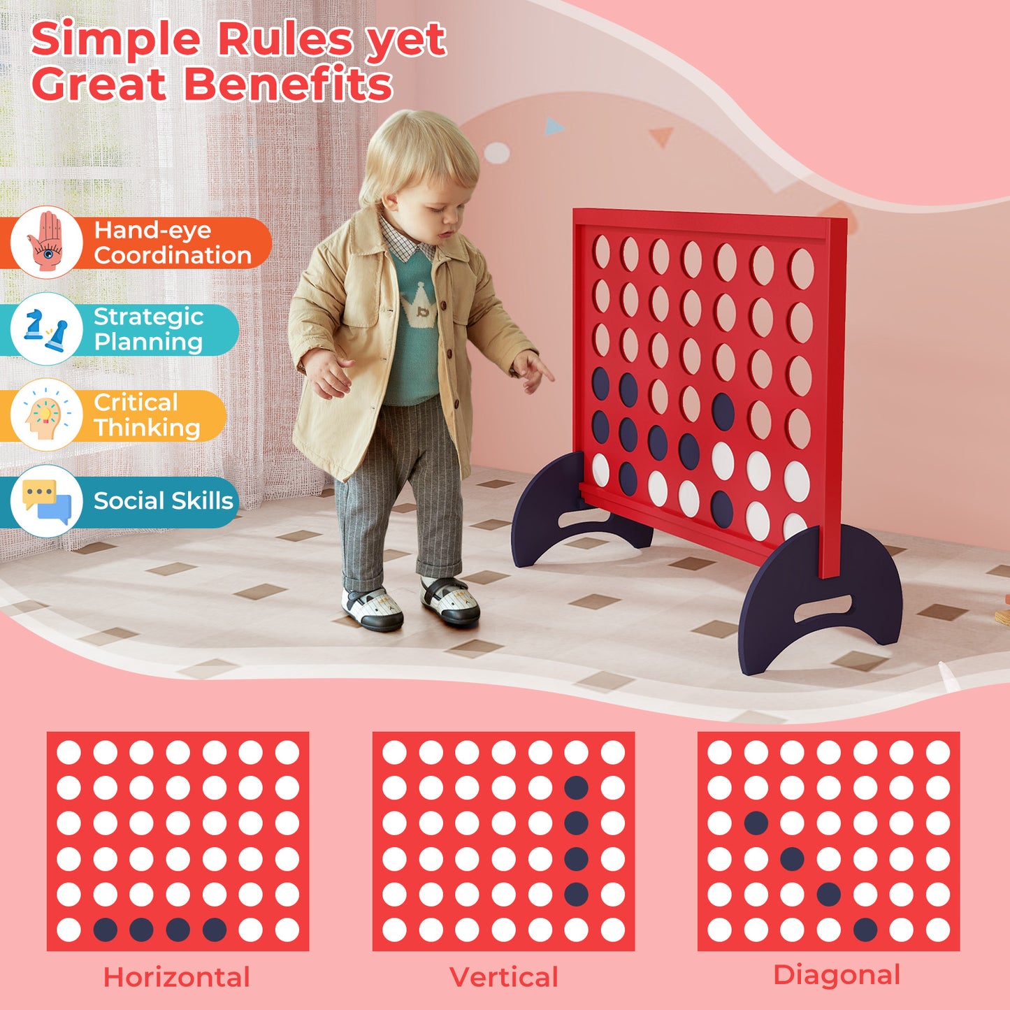 Wooden 4-in-a-row Game Set with 42 PCS Chips and 600D Oxford Fabric Carrying Bag-Red Kids Crystal