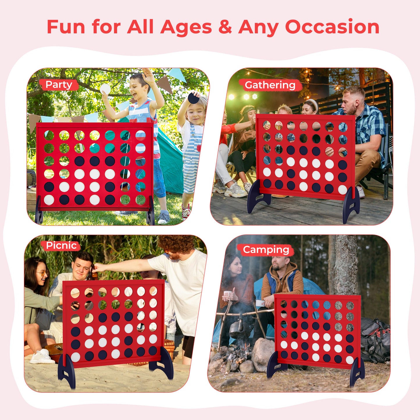 Wooden 4-in-a-row Game Set with 42 PCS Chips and 600D Oxford Fabric Carrying Bag-Red Kids Crystal