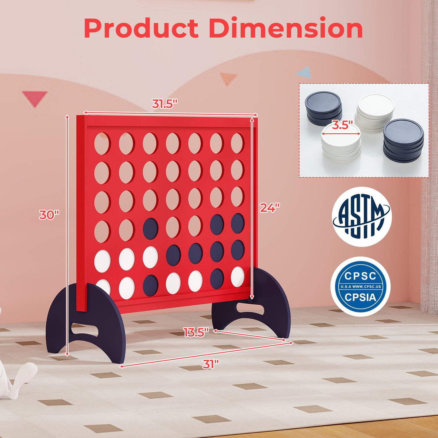 Wooden 4-in-a-row Game Set with 42 PCS Chips and 600D Oxford Fabric Carrying Bag-Red Kids Crystal