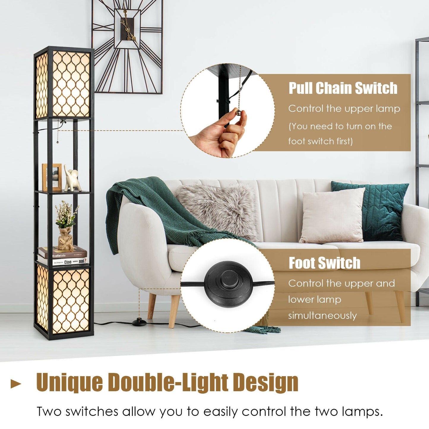 Modern Shelf Freestanding Floor Lamp with Double Lamp Pull Chain and Foot Switch Kids Crystal
