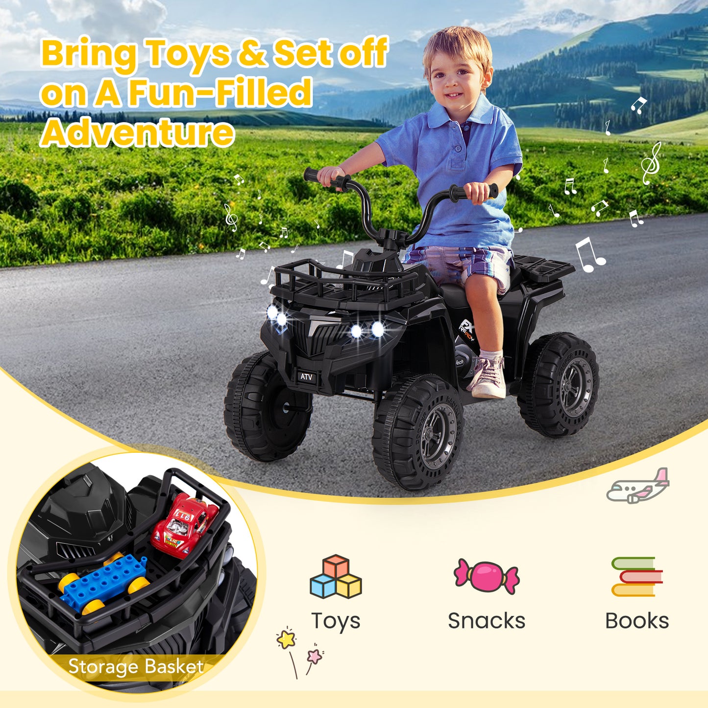 6V Kids Ride On Electric ATV with LED Headlights and MP3 Player-Black