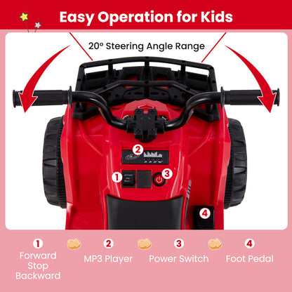 6V Kids Ride On Electric ATV with LED Headlights and MP3 Player-Red