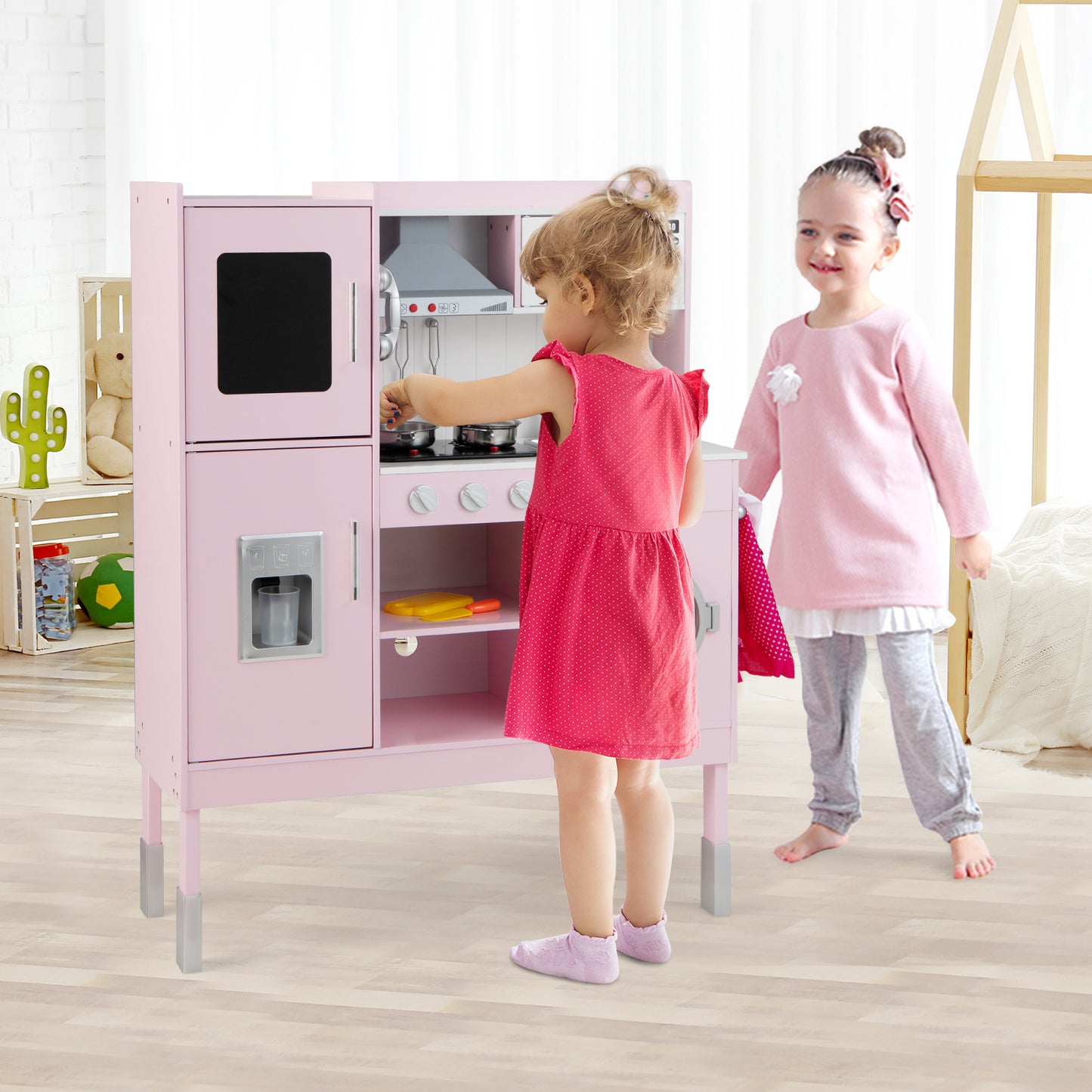 Wooden Pretend Play Kitchen for Kids with 16 Pieces Accessories-Pink Kids Crystal