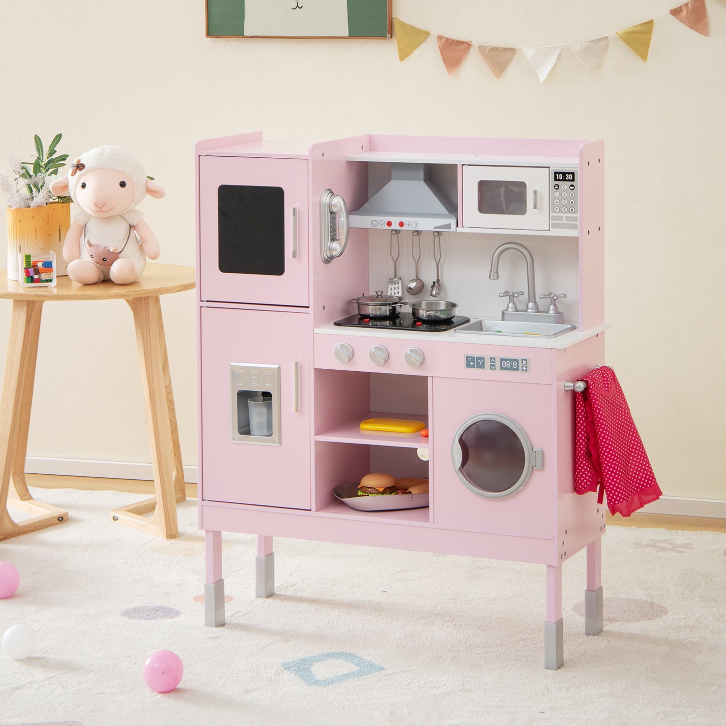 Wooden Pretend Play Kitchen for Kids with 16 Pieces Accessories-Pink Kids Crystal