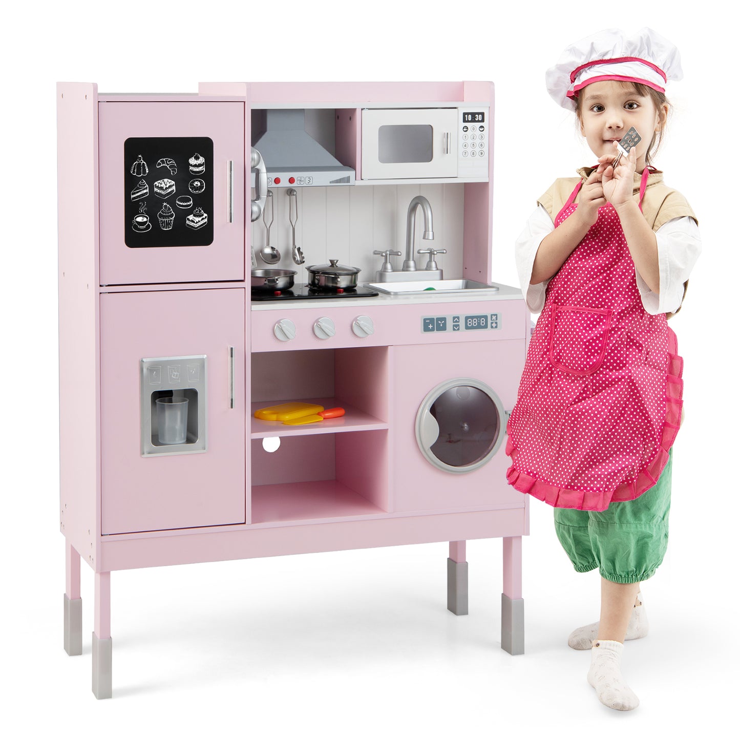 Wooden Pretend Play Kitchen for Kids with 16 Pieces Accessories-Pink Kids Crystal