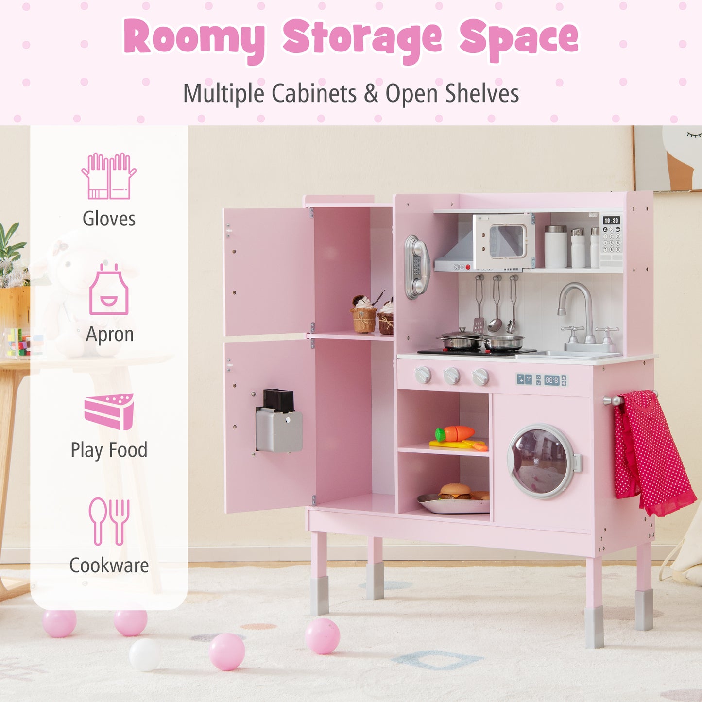 Wooden Pretend Play Kitchen for Kids with 16 Pieces Accessories-Pink Kids Crystal