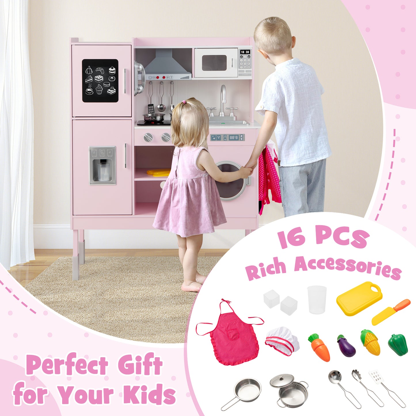 Wooden Pretend Play Kitchen for Kids with 16 Pieces Accessories-Pink Kids Crystal