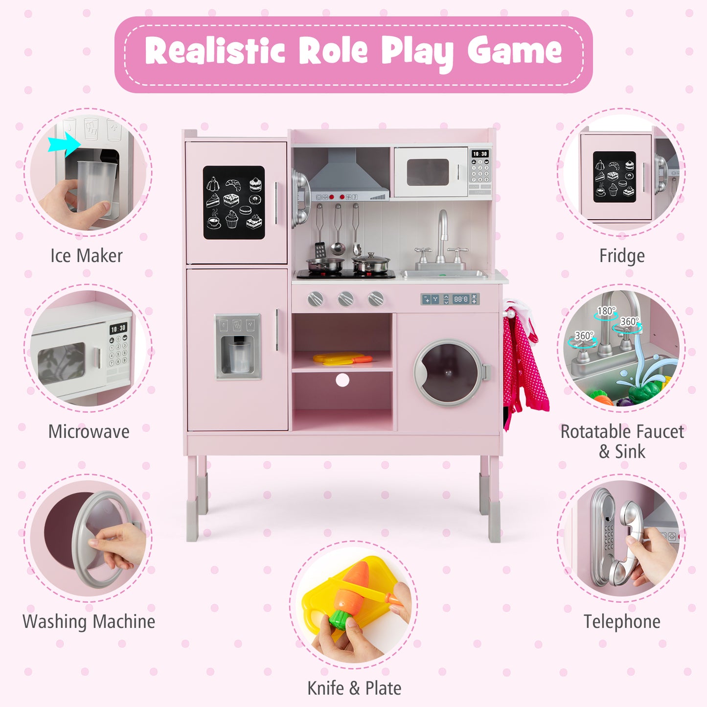 Wooden Pretend Play Kitchen for Kids with 16 Pieces Accessories-Pink Kids Crystal