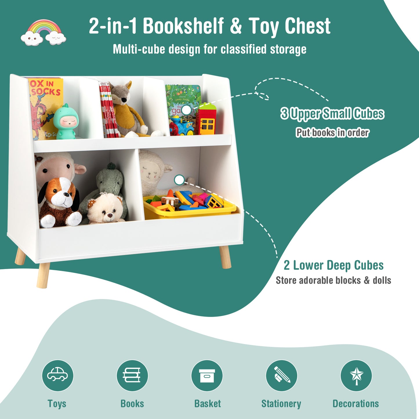 5-Cube Kids Bookshelf and Toy Organizer with Anti-Tipping Kits-White Kids Crystal