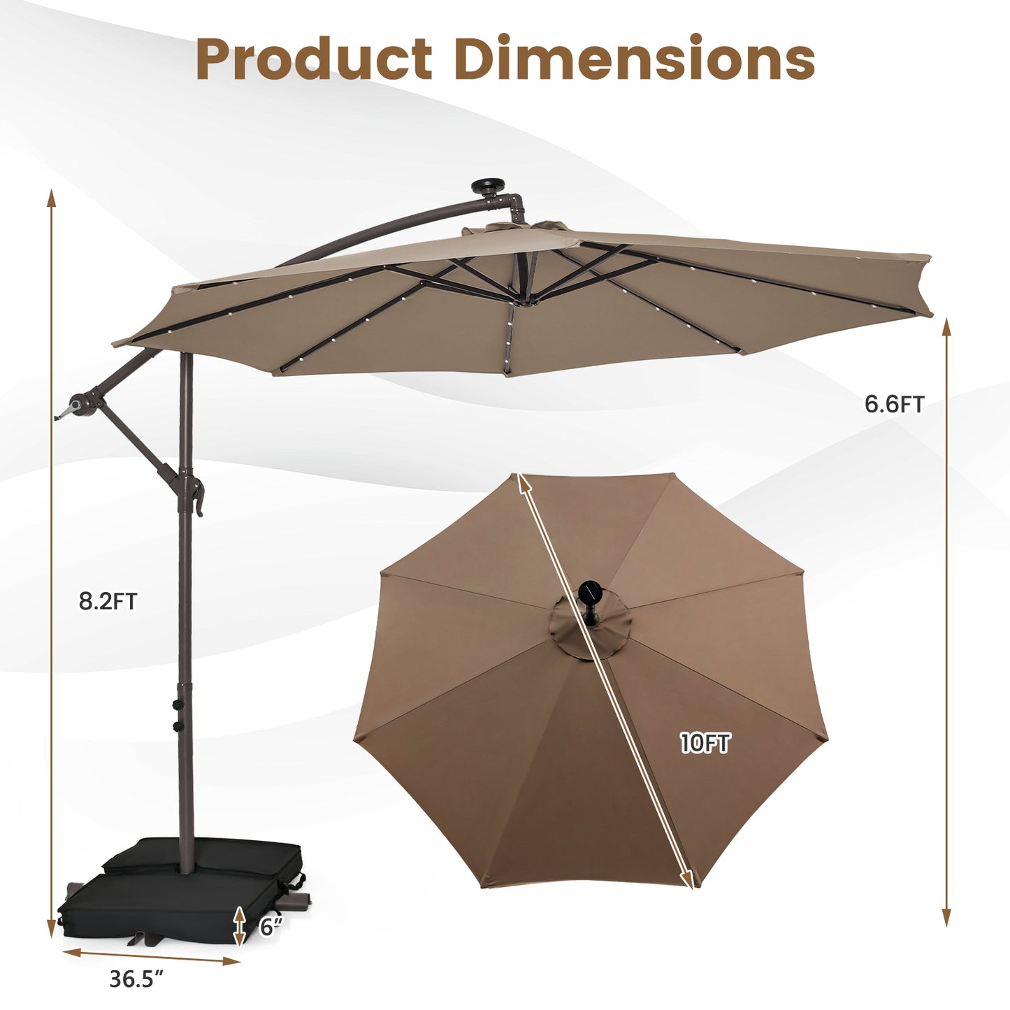 10 Feet Cantilever Umbrella with 32 LED Lights and Solar Panel Batteries-Tan Kids Crystal