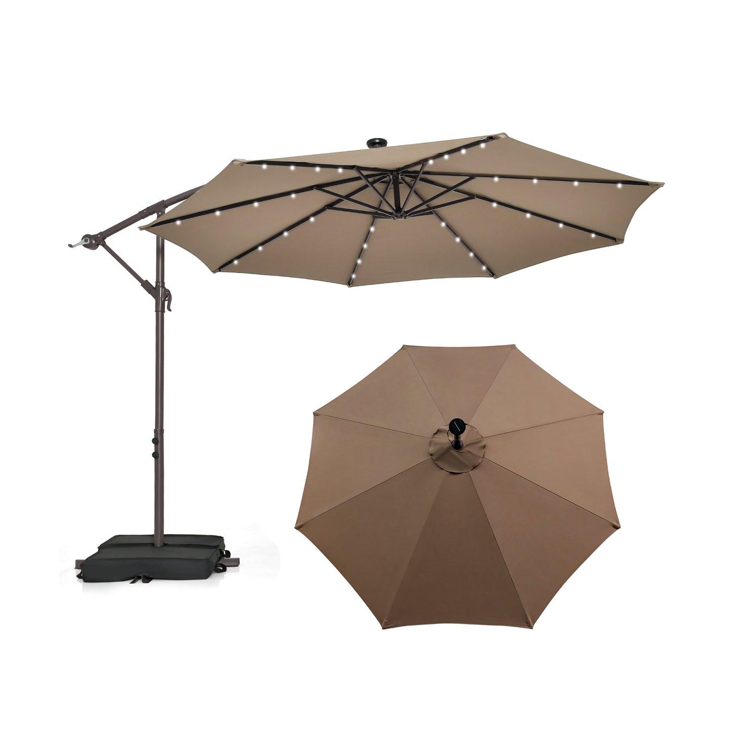 10 Feet Cantilever Umbrella with 32 LED Lights and Solar Panel Batteries-Tan Kids Crystal