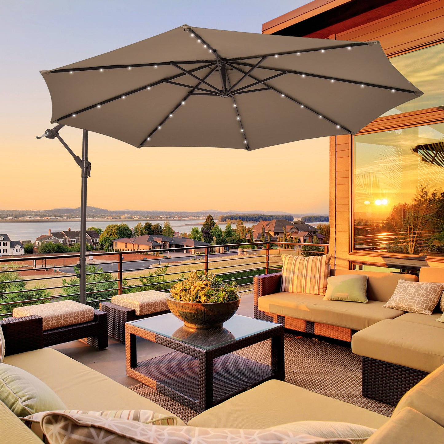 10 Feet Cantilever Umbrella with 32 LED Lights and Solar Panel Batteries-Tan Kids Crystal