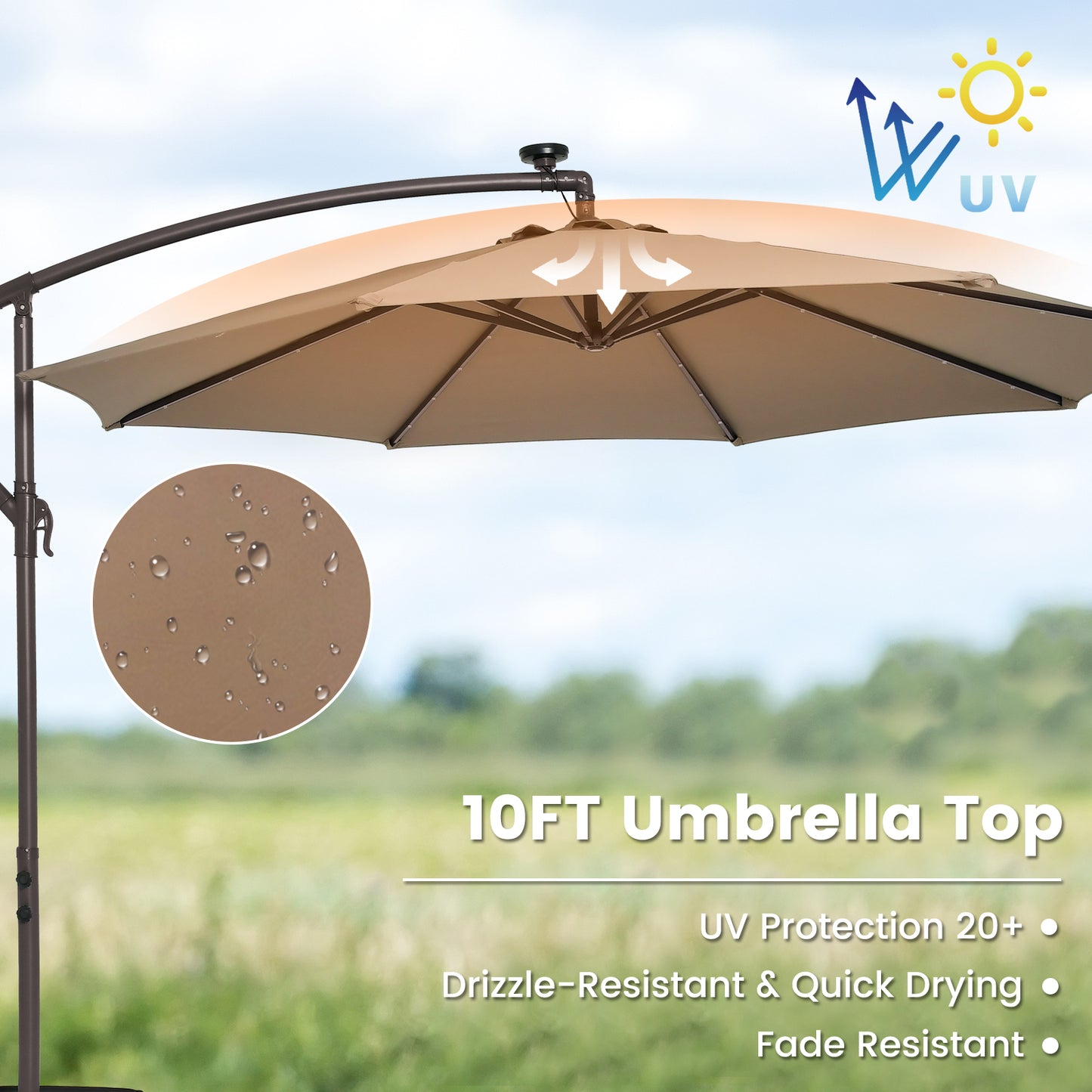 10 Feet Cantilever Umbrella with 32 LED Lights and Solar Panel Batteries-Tan Kids Crystal