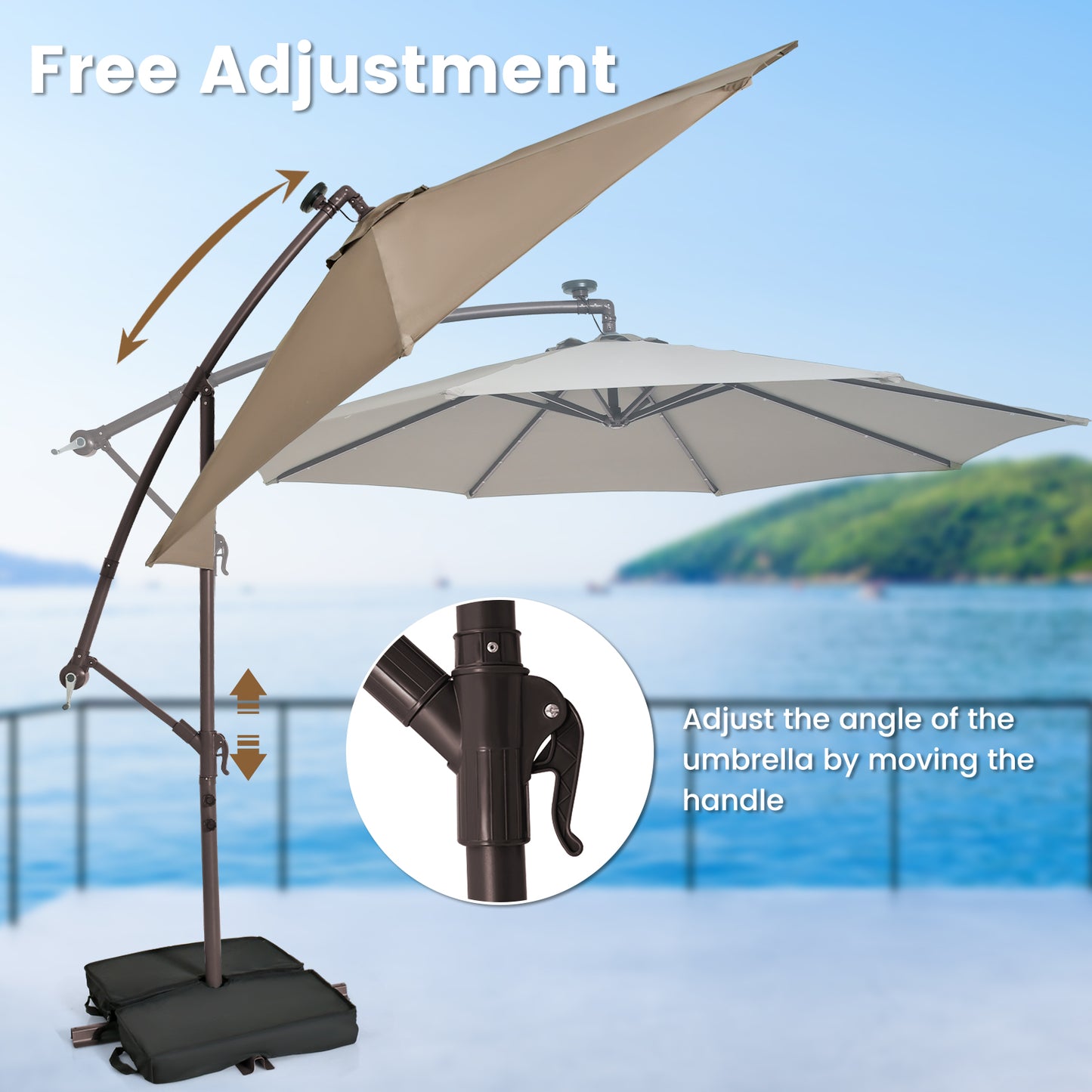 10 Feet Cantilever Umbrella with 32 LED Lights and Solar Panel Batteries-Tan Kids Crystal