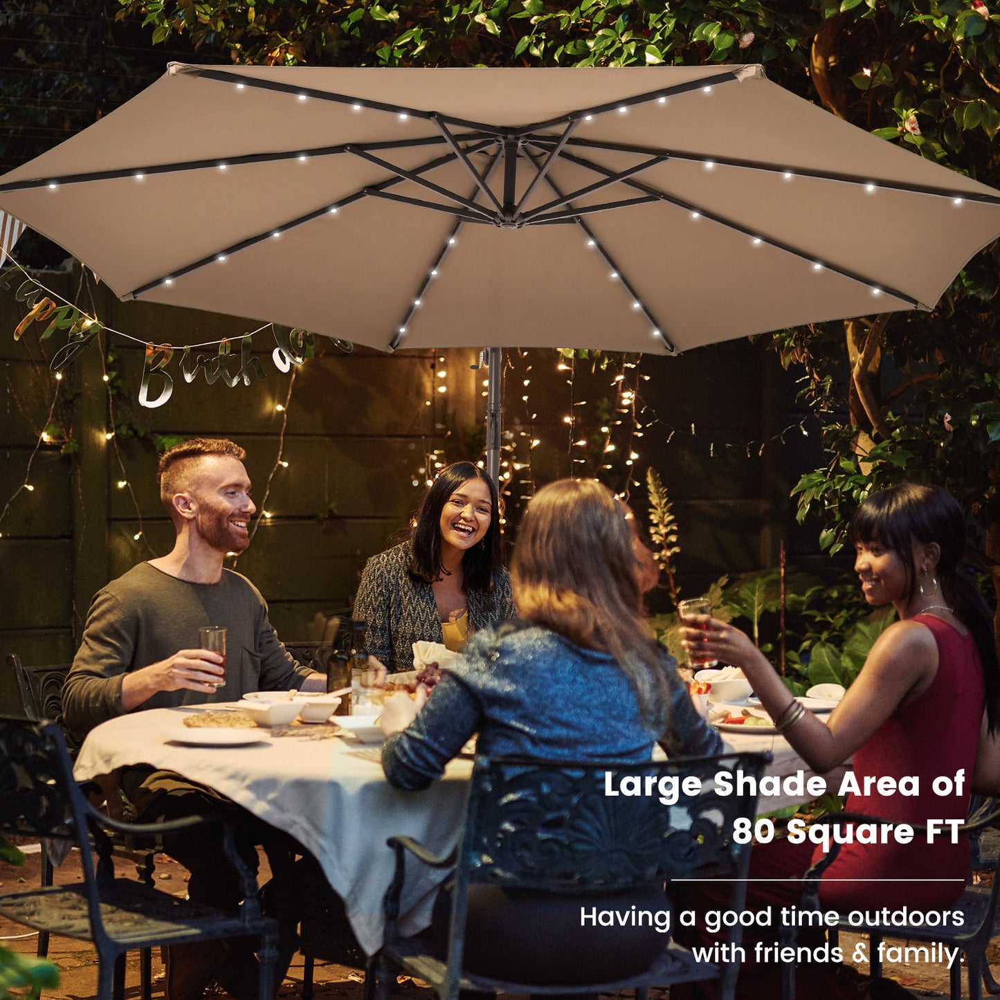 10 Feet Cantilever Umbrella with 32 LED Lights and Solar Panel Batteries-Tan Kids Crystal