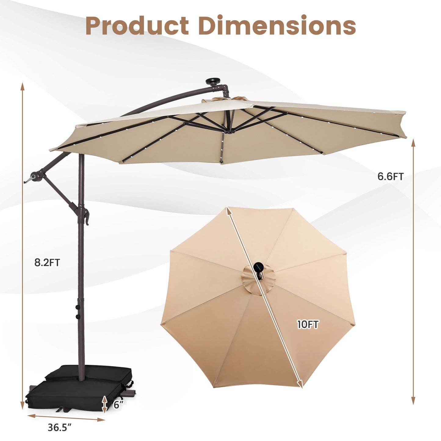 10 Feet Cantilever Umbrella with 32 LED Lights and Solar Panel Batteries-Beige Kids Crystal