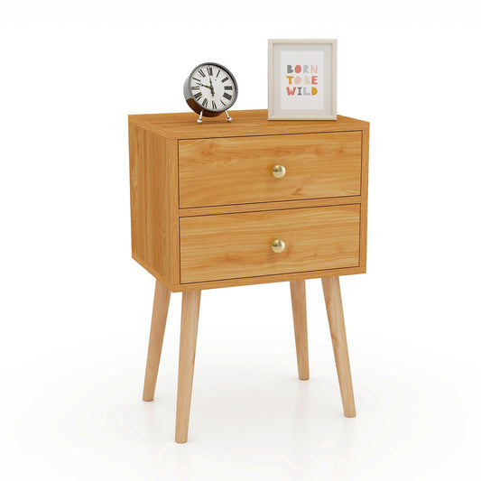 Nightstand Mid-century Modern Bedside Table with 2 Drawers-Natural Kids Crystal