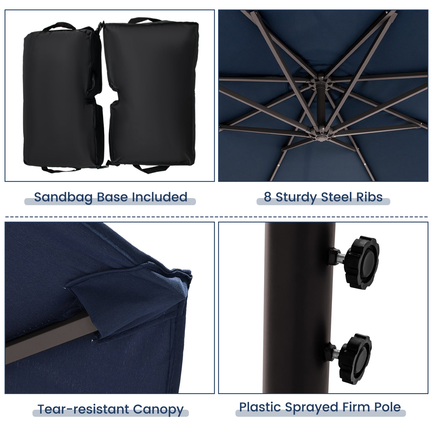 10 Feet Cantilever Umbrella with 32 LED Lights and Solar Panel Batteries-Navy Kids Crystal