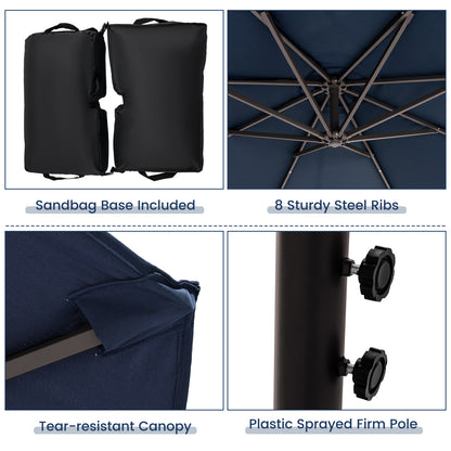 10 Feet Cantilever Umbrella with 32 LED Lights and Solar Panel Batteries-Navy
