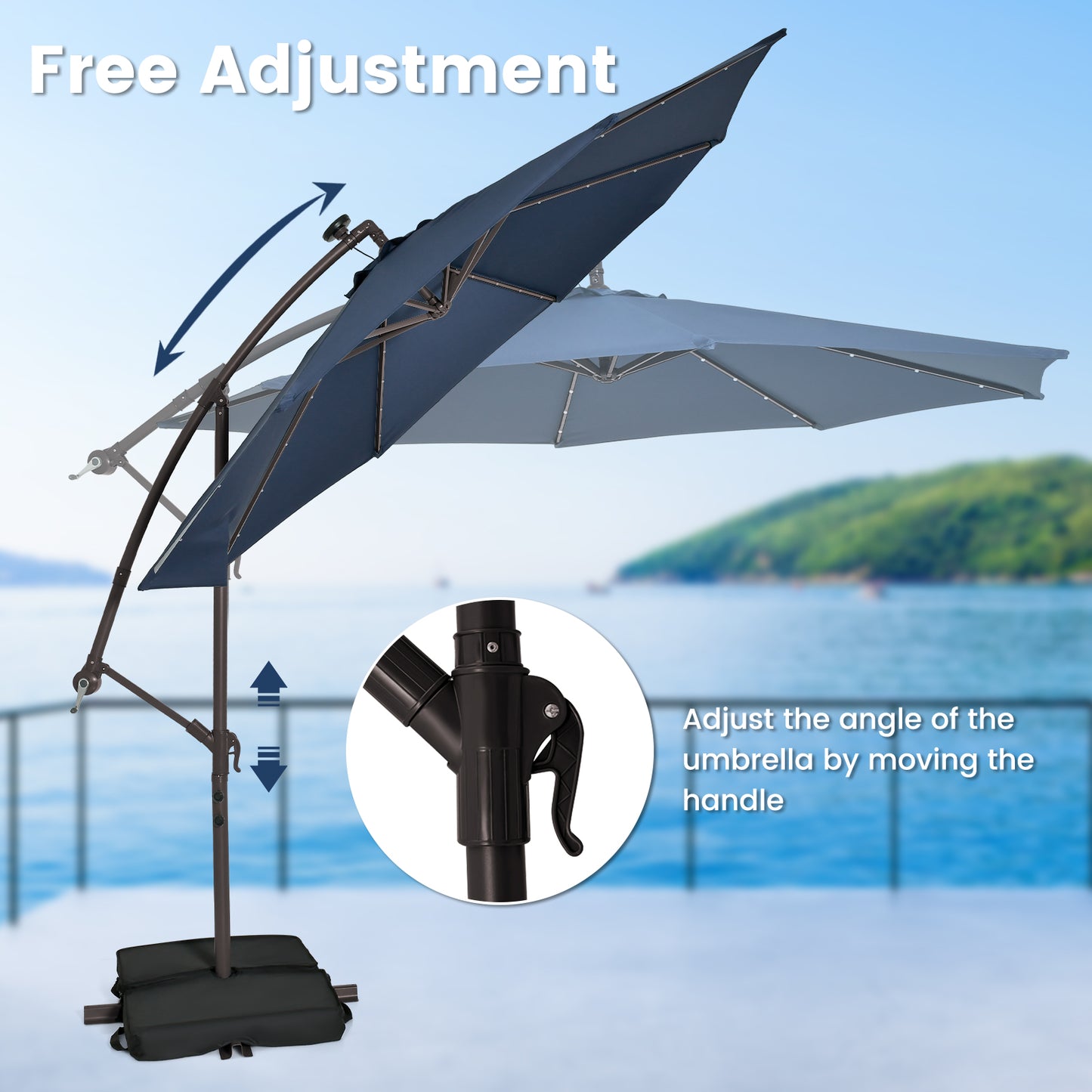 10 Feet Cantilever Umbrella with 32 LED Lights and Solar Panel Batteries-Navy Kids Crystal