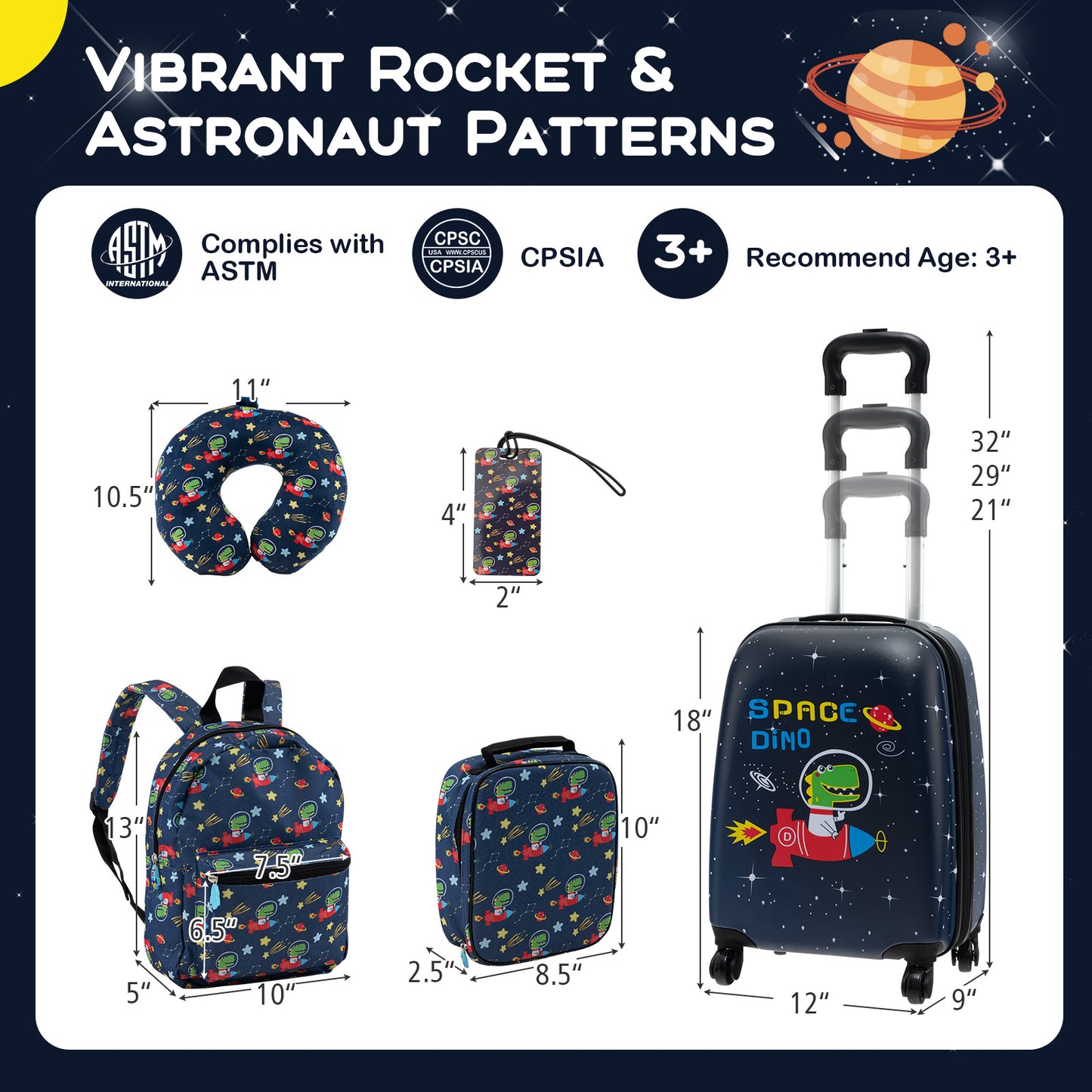 5 Piece Kids Luggage Set with Backpack Neck Pillow Name Tag Lunch Bag-Dark Blue Kids Crystal
