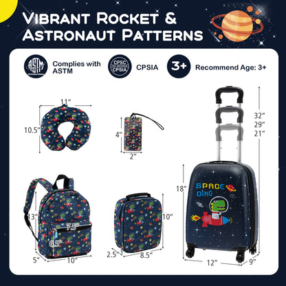 5 Piece Kids Luggage Set with Backpack Neck Pillow Name Tag Lunch Bag-Dark Blue
