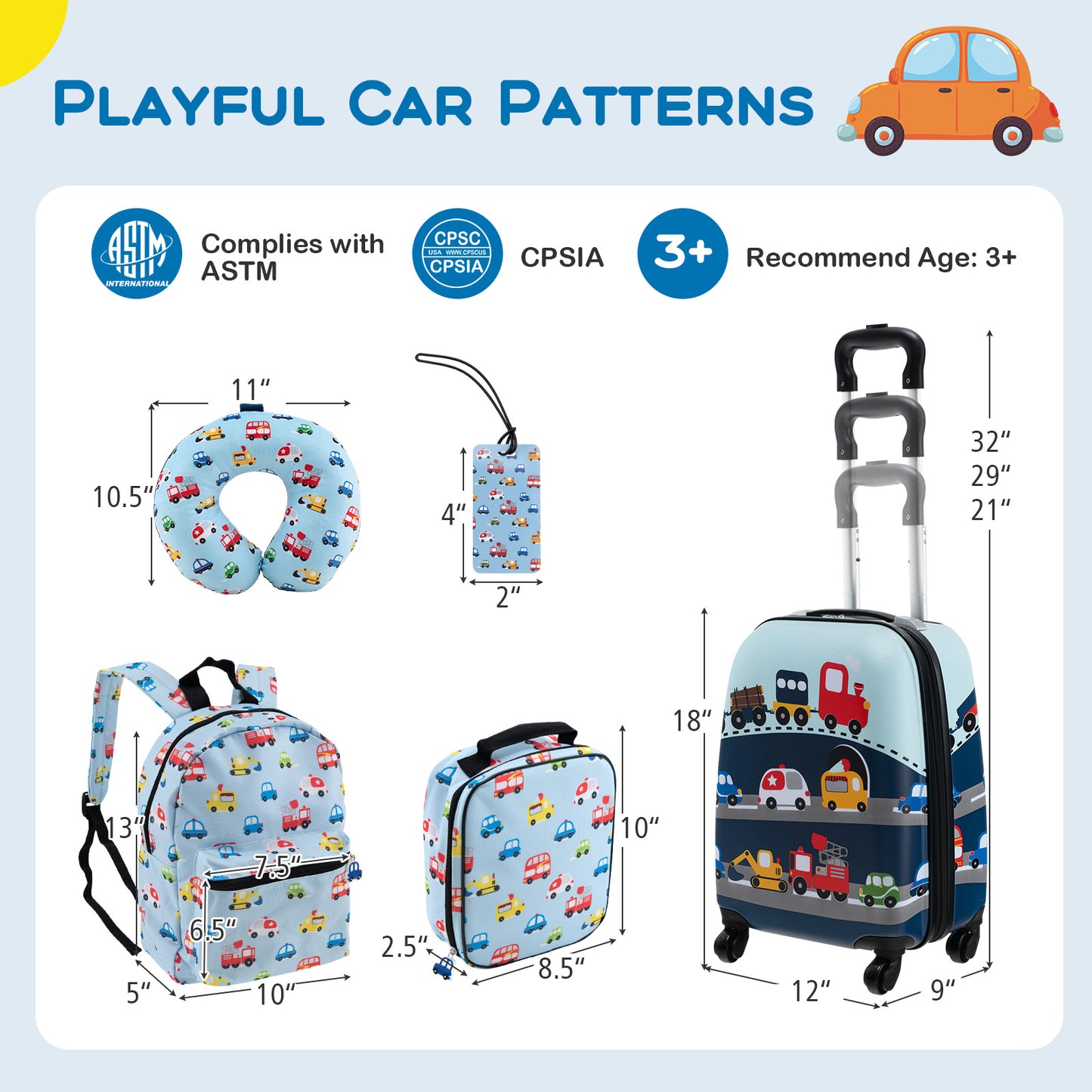 5 Piece Kids Luggage Set with Backpack Neck Pillow Name Tag Lunch Bag-Blue Kids Crystal