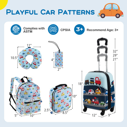 5 Piece Kids Luggage Set with Backpack Neck Pillow Name Tag Lunch Bag-Blue