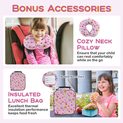 5 Piece Kids Luggage Set with Backpack Neck Pillow Name Tag Lunch Bag-Pink