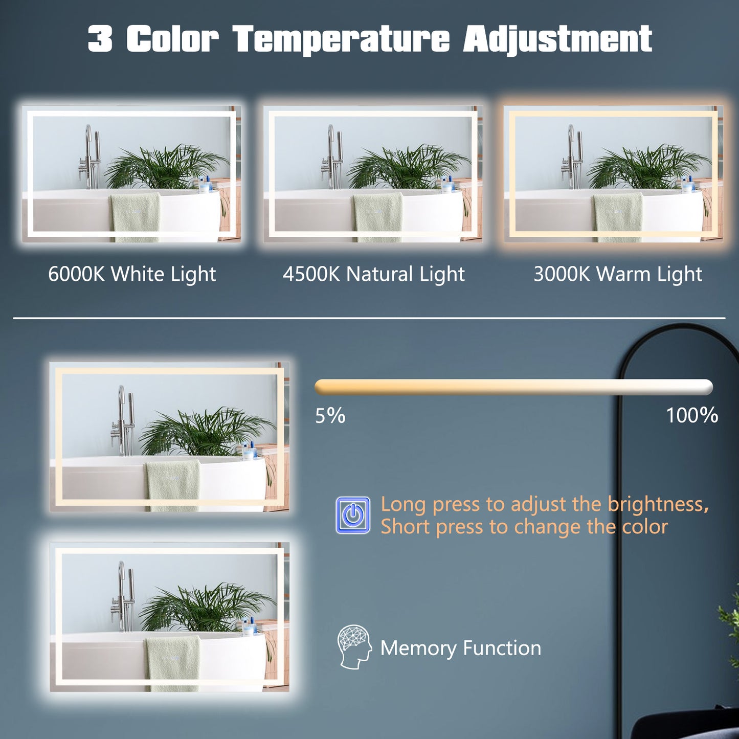 LED Bathroom Mirror Wall Mounted Rectangle Mirror with 3-Color Dimmable Lights-L Kids Crystal