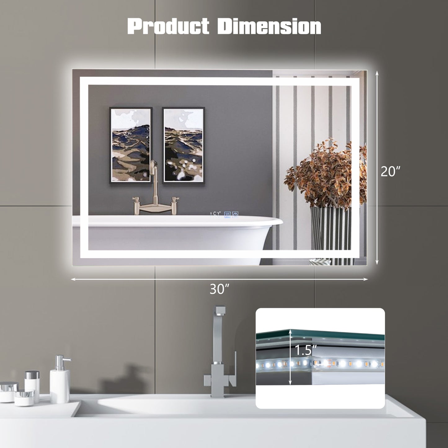 LED Bathroom Mirror Wall Mounted Rectangle Mirror with 3-Color Dimmable Lights-S Kids Crystal