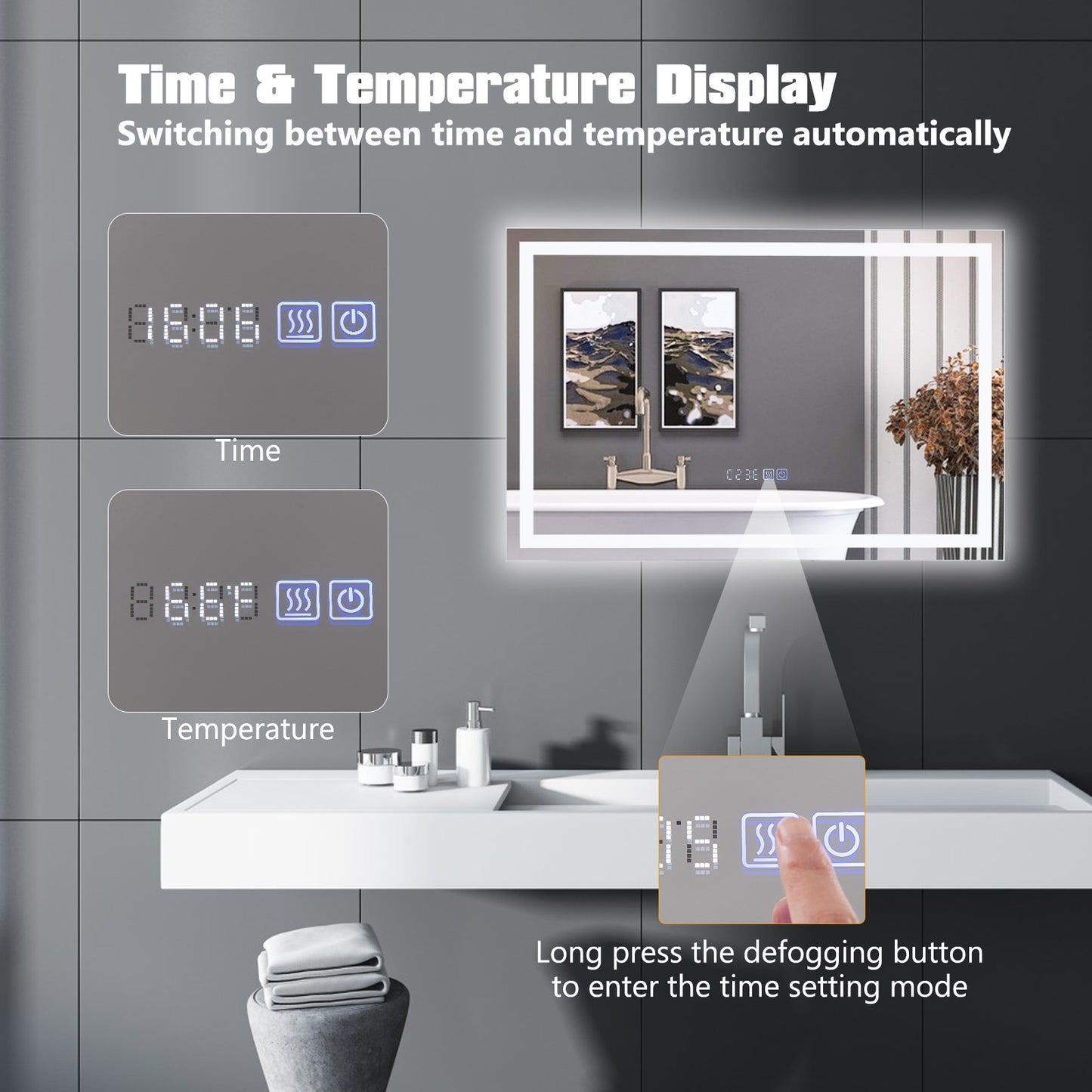 LED Bathroom Mirror Wall Mounted Rectangle Mirror with 3-Color Dimmable Lights-S Kids Crystal