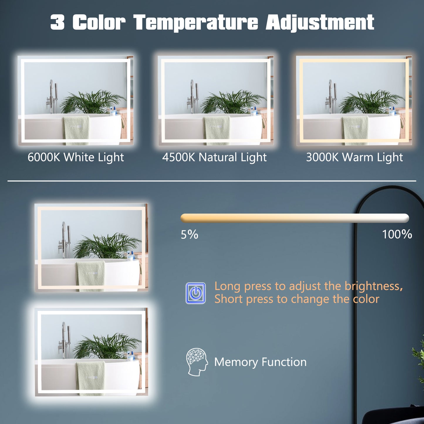 LED Bathroom Mirror Wall Mounted Rectangle Mirror with 3-Color Dimmable Lights-M Kids Crystal