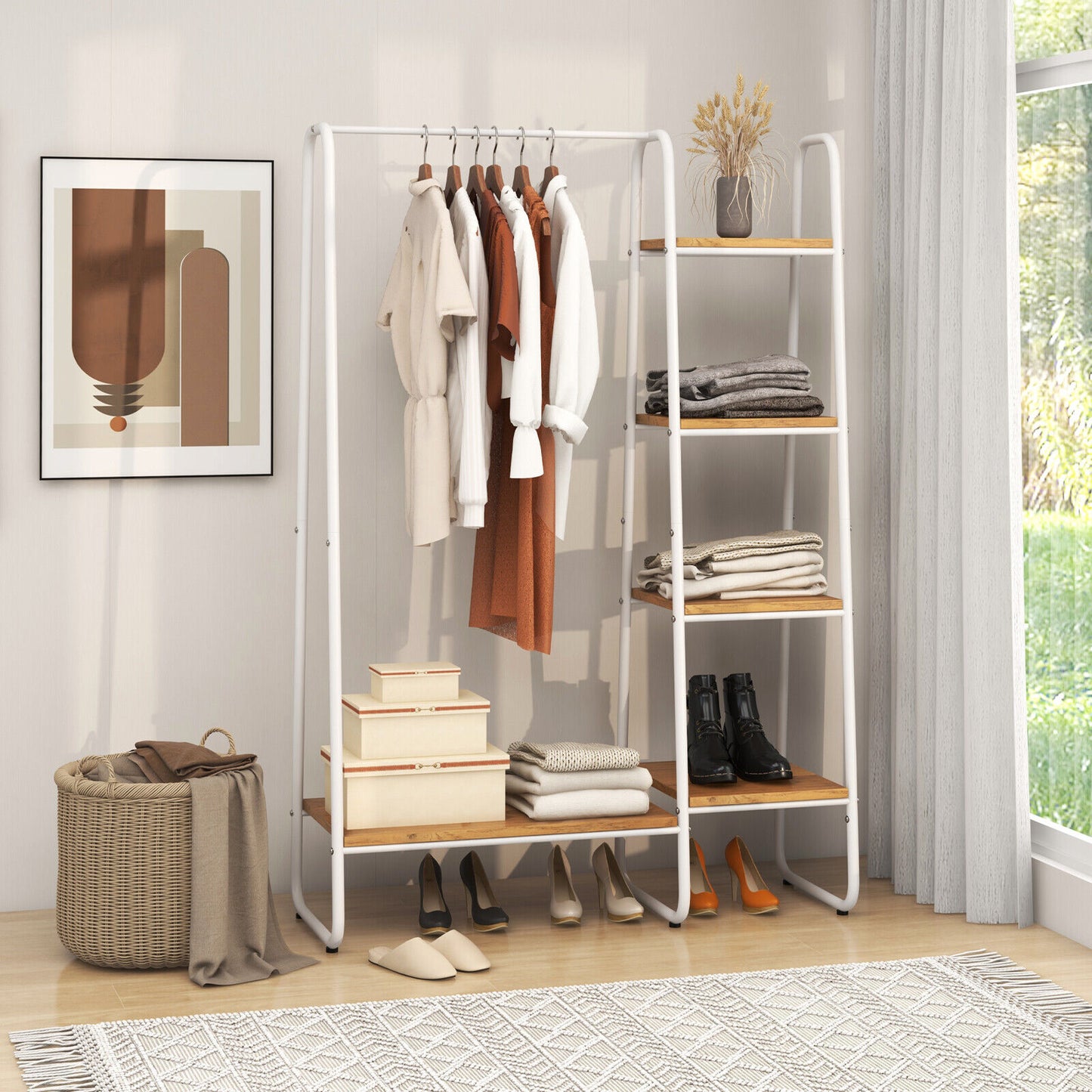 Clothes Rack Free Standing Storage Tower with Metal Frame-Natural Kids Crystal