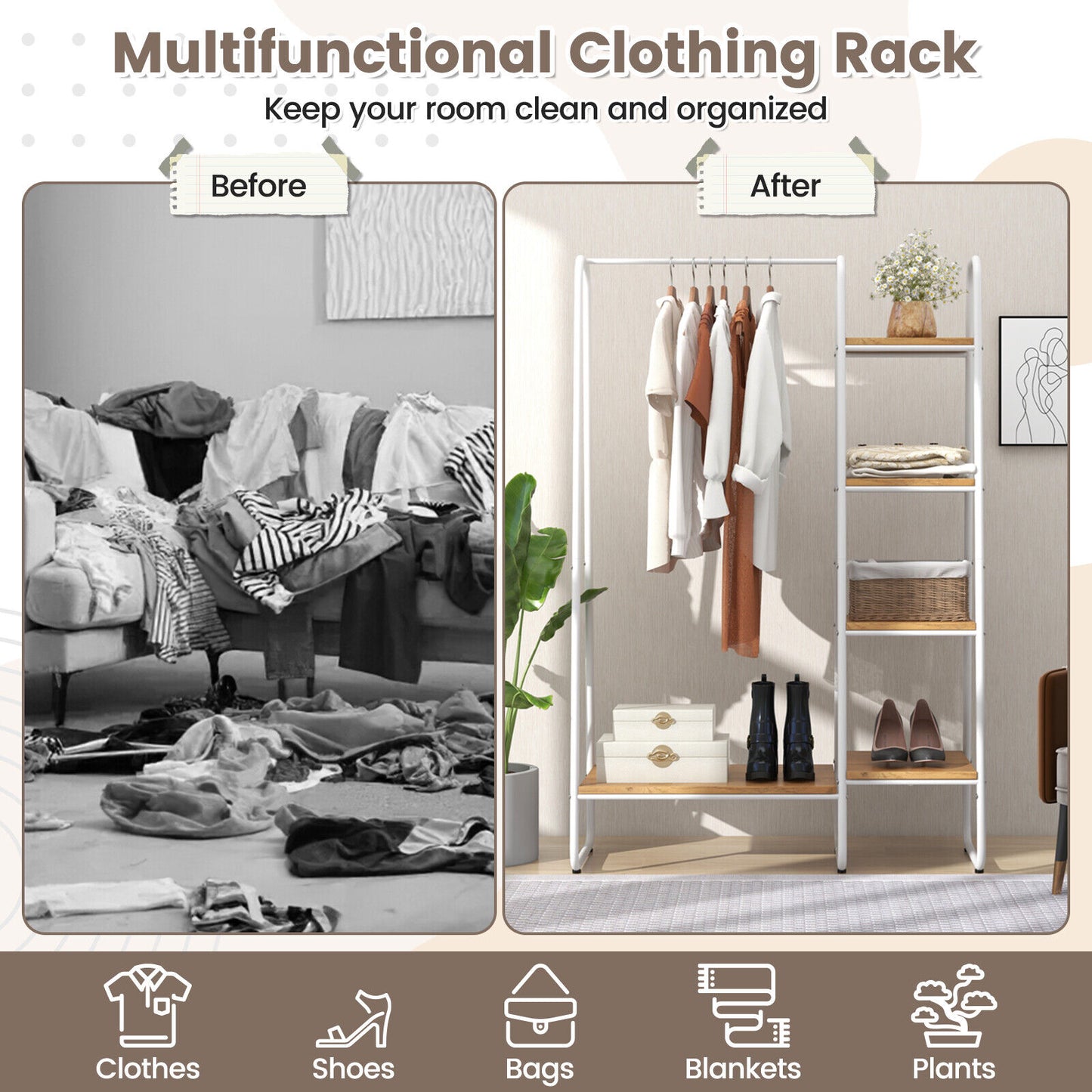 Clothes Rack Free Standing Storage Tower with Metal Frame-Natural Kids Crystal