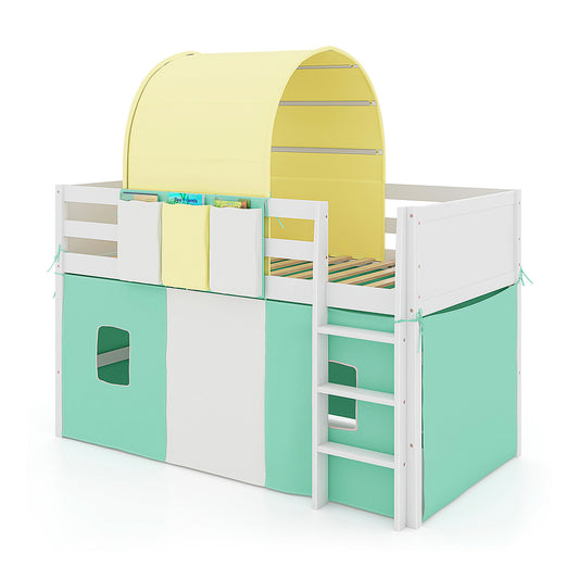 Twin Size Loft Bed Playhouse Bed Frame with Tower Tent and 3 Storage Pockets-Turquoise Kids Crystal