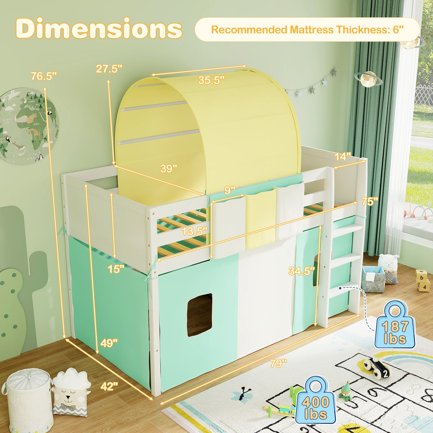 Twin Size Loft Bed Playhouse Bed Frame with Tower Tent and 3 Storage Pockets-Turquoise Kids Crystal