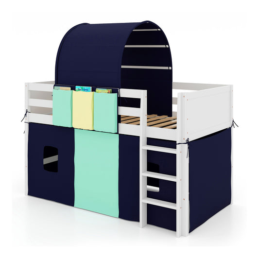 Twin Size Loft Bed Playhouse Bed Frame with Tower Tent and 3 Storage Pockets-Navy Kids Crystal