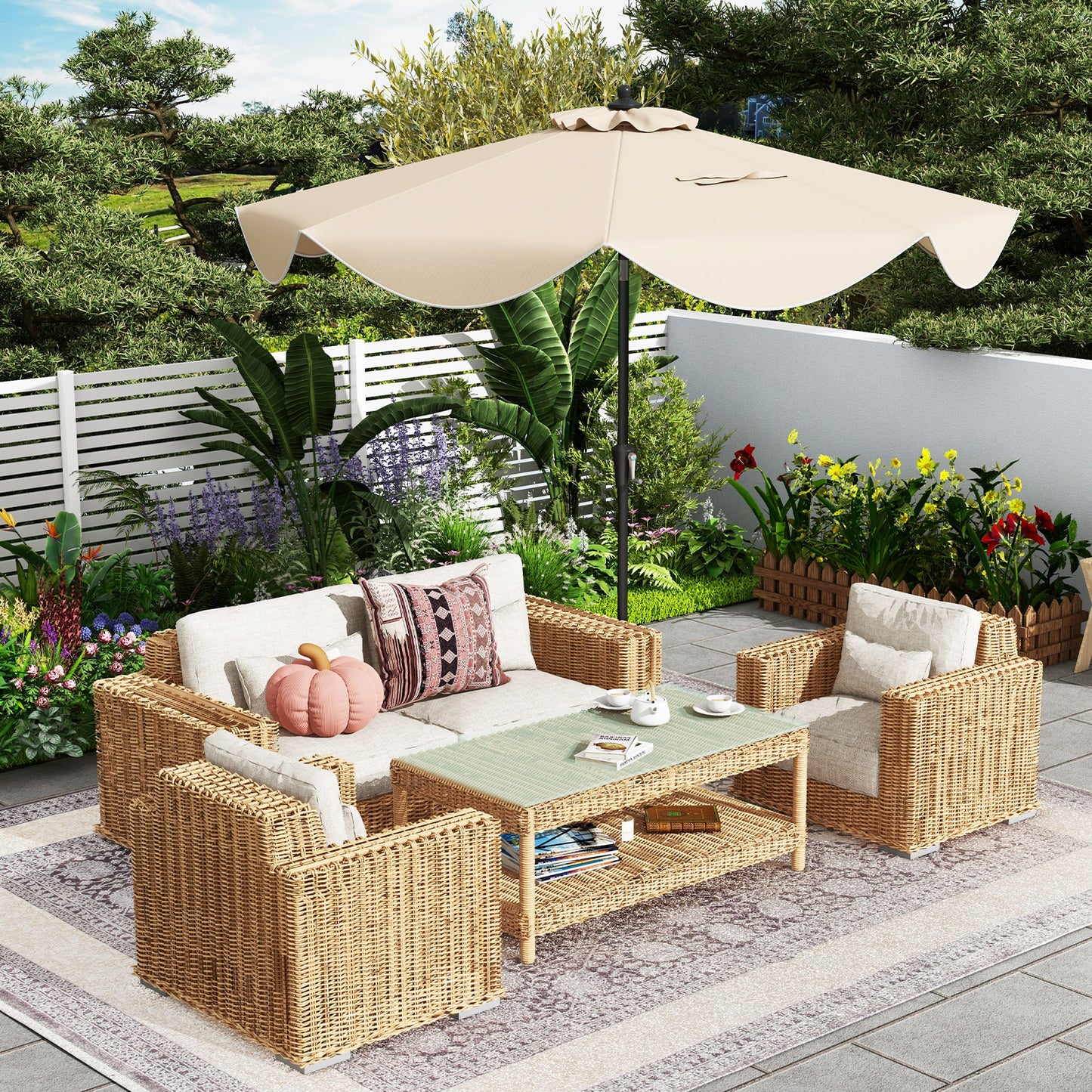 9 FT Patio Umbrella with Crank Handle and Push Button Tilt-Beige Kids Crystal