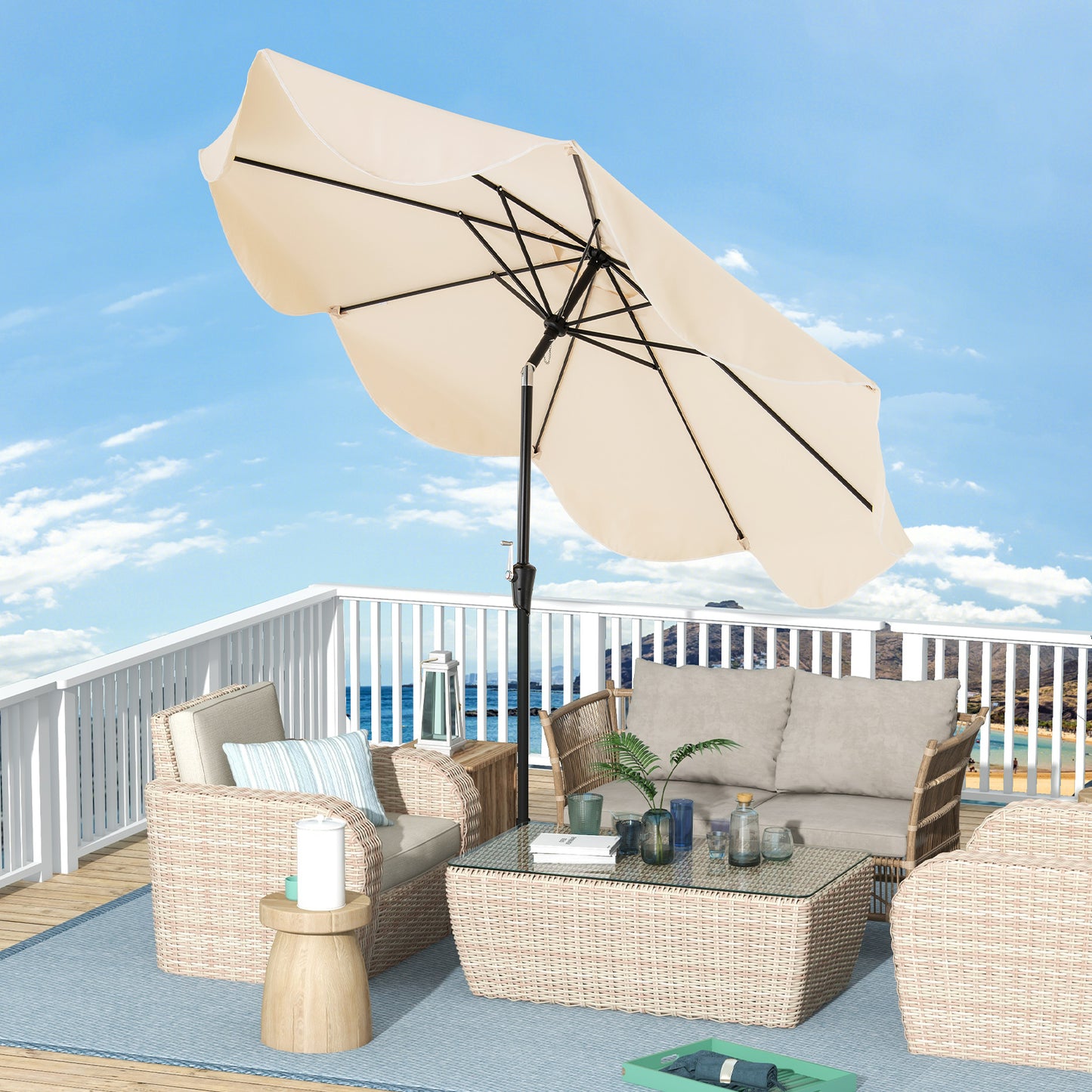 9 FT Patio Umbrella with Crank Handle and Push Button Tilt-Beige Kids Crystal