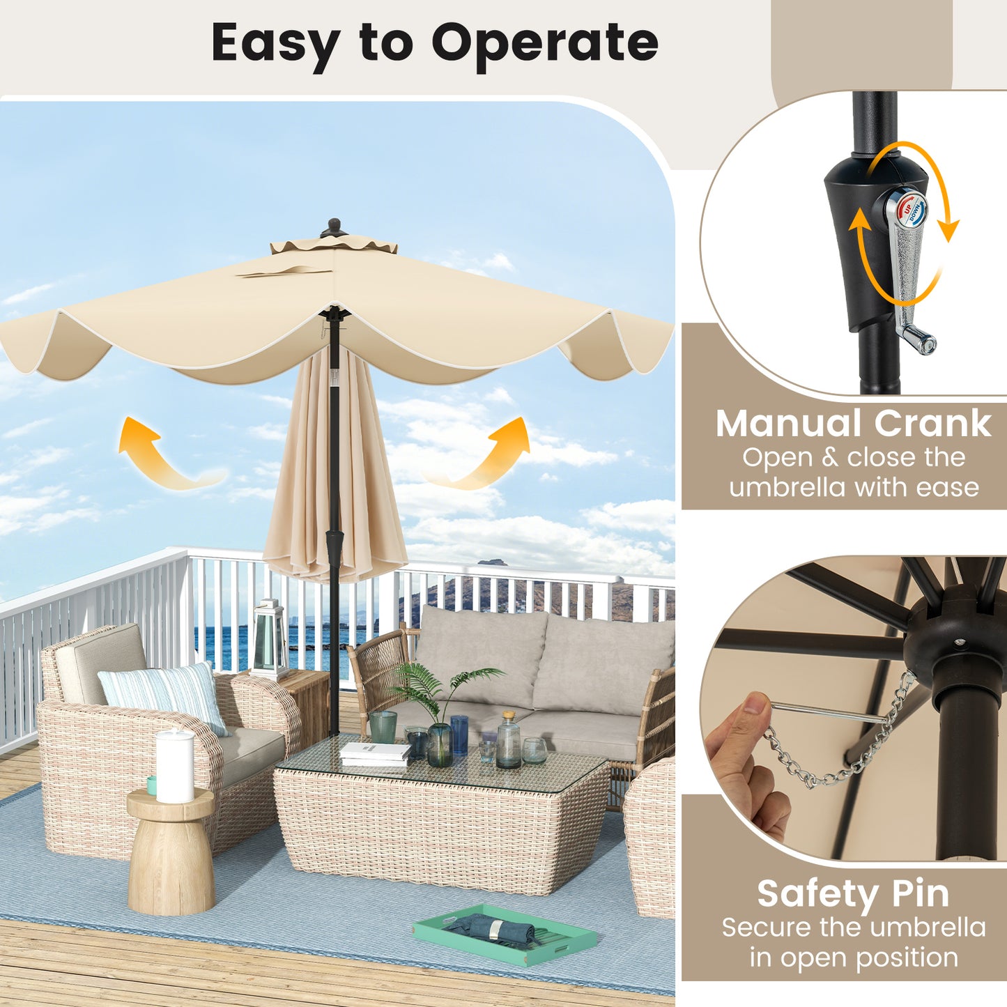 9 FT Patio Umbrella with Crank Handle and Push Button Tilt-Beige Kids Crystal