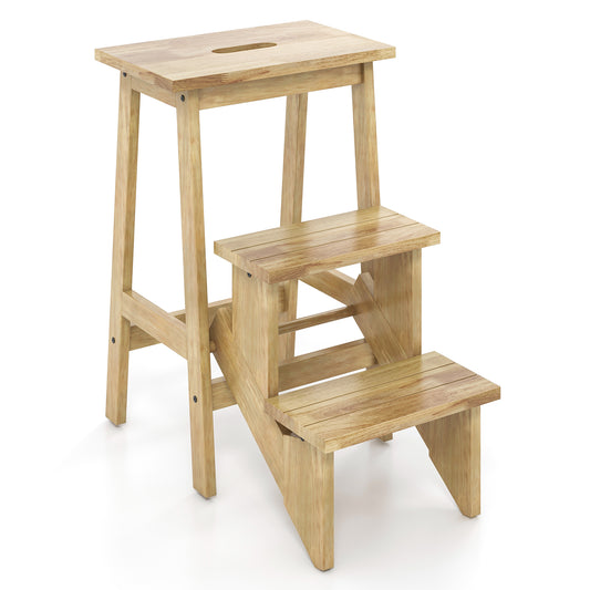 3-in-1 Rubber Wood Step Stool with Convenient Handle-Natural