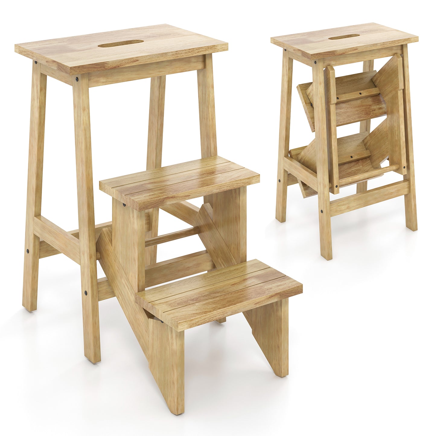 3-in-1 Rubber Wood Step Stool with Convenient Handle-Natural