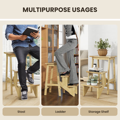 3-in-1 Rubber Wood Step Stool with Convenient Handle-Natural