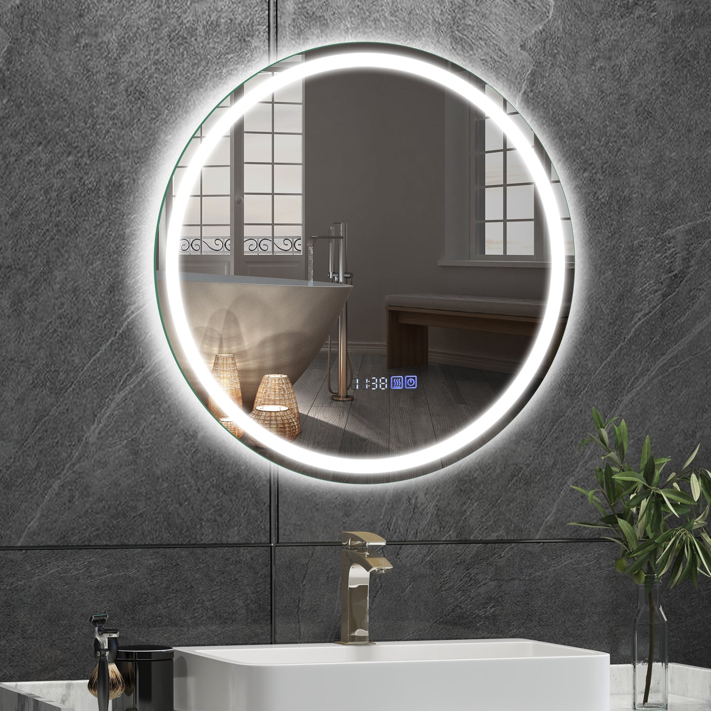 24 Inch Anti-Fog Bathroom Wall Mirror with 3-Color LED Lights and Temperature Display Kids Crystal